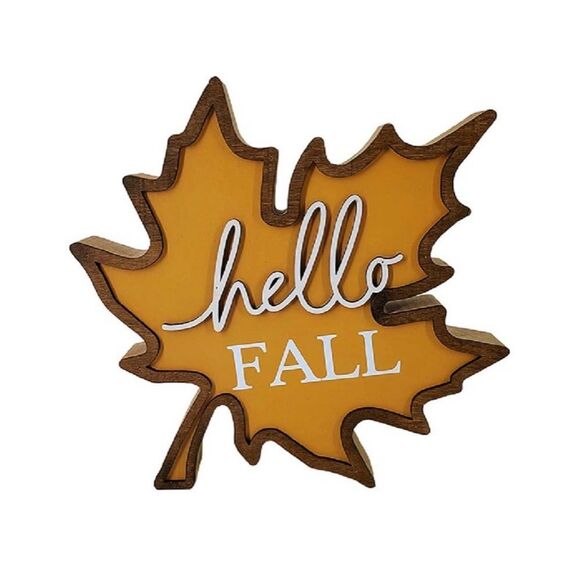 Hello Fall Leaf Shaped Decor Wooden Shelf Table Word Sign Brown Tiered Display - Picture 1 of 7